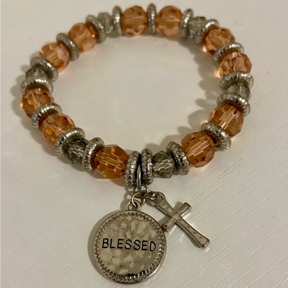 Inspirational Coral and Silver Beaded Bracelet - “Blessed” w/ Cross - Picture 1 of 2